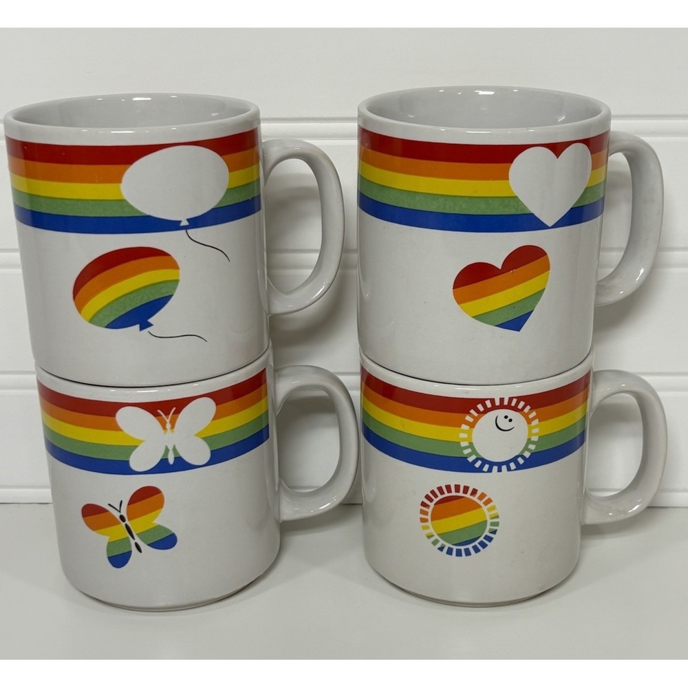Vintage LGBTQ 1980s Rainbow Mug Russ Berrie & Co 10oz Ceramic Coffee Mug Set (4)